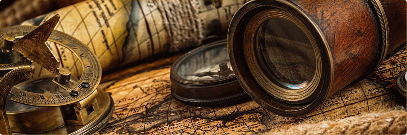 Travel geography navigation concept background - old vintage retro compass with sundial, spyglass and rope on ancient world map