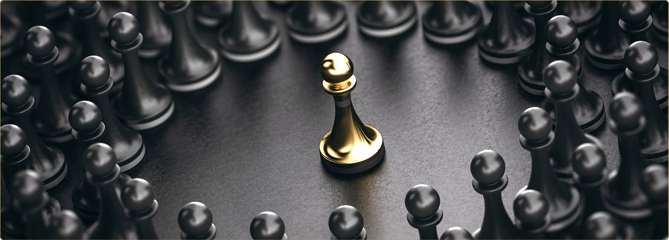 3D illustration of black pawns around a golden one standing out from the crowd  Concept of leadership